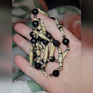 Handmade Paper Bead Necklace Black & Ivory Colors Faceted Bead Statement Jewelry